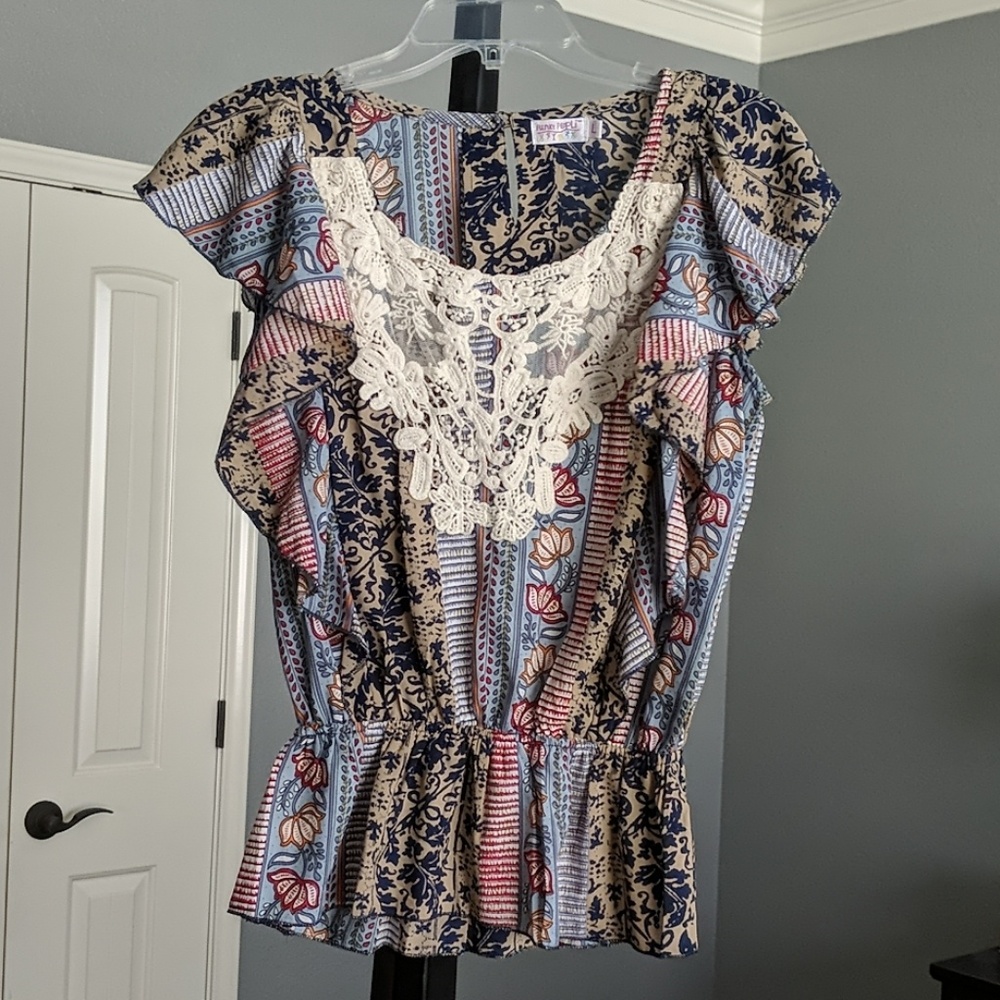 Funky People Crochet Flutter Sleeve and Peplum Top